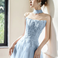 Beautiful Blue Tulle Beads Long Prom Party Dress - Thumbnail 2