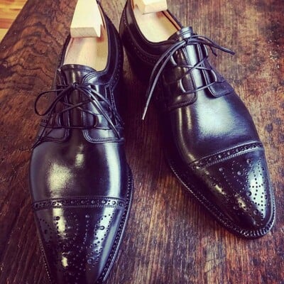 Handmade men black calf leather oxford lace up dress shoes - Thumbnail 3