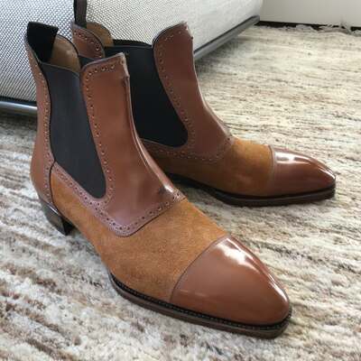 Handmade men brown calf suede leather chelsea boot - Thumbnail 2