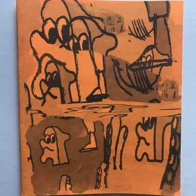 "hey we were checking out your work and we really like what you do" - 20 page zine - blue riso on orange