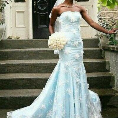 Baby blue mermaid lace beach boho wedding dress bridal gown wedding gown