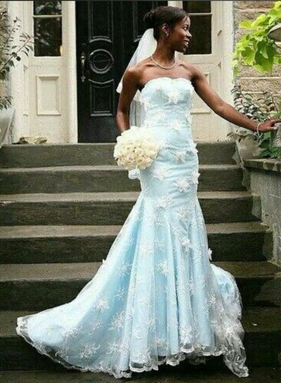 Baby Blue Mermaid Lace Beach Boho Wedding Dress Bridal Gown Wedding Gown