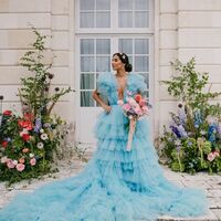 Baby Blue Tiered V Neck Beach Boho Wedding Dress Bridal Gown Wedding Gown - Thumbnail 1