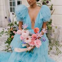 Baby Blue Tiered V Neck Beach Boho Wedding Dress Bridal Gown Wedding Gown - Thumbnail 2
