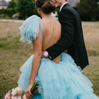 Baby Blue Tiered V Neck Beach Boho Wedding Dress Bridal Gown Wedding Gown - Thumbnail 3