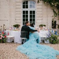 Baby Blue Tiered V Neck Beach Boho Wedding Dress Bridal Gown Wedding Gown - Thumbnail 4