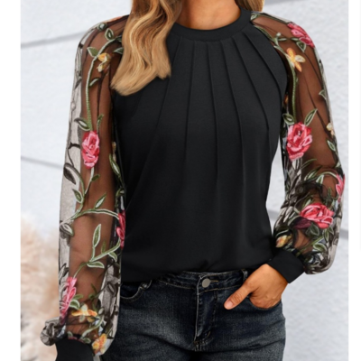 Women's casual rose embroidered mesh round neck long sleeved top