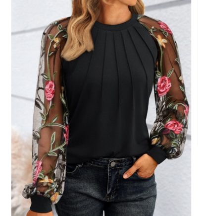Women'S Casual Rose Embroidered Mesh Round Neck Long Sleeved Top