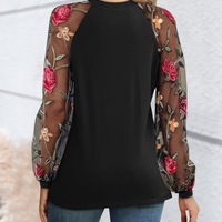 Women'S Casual Rose Embroidered Mesh Round Neck Long Sleeved Top - Thumbnail 2