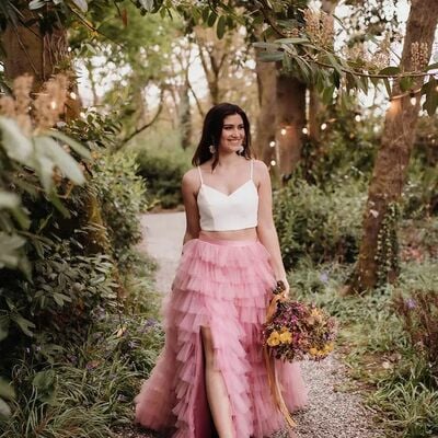 Simple two pieces pink tiered side slit beach boho wedding dress bridal gown wedding gown