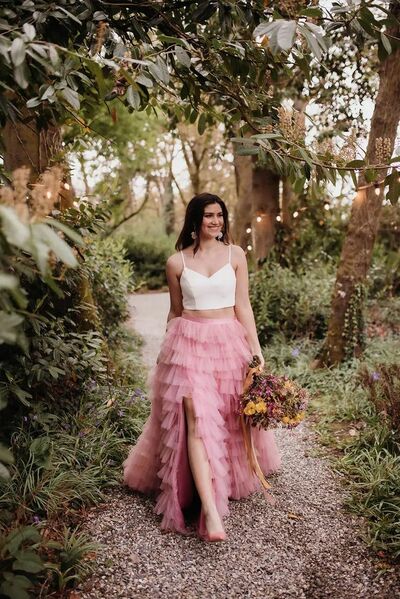 Simple Two Pieces Pink Tiered Side Slit Beach Boho Wedding Dress Bridal Gown Wedding Gown