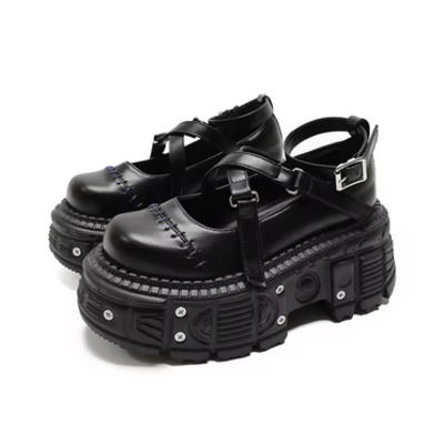 Gothic punk black rivet buckle strap platform shoes