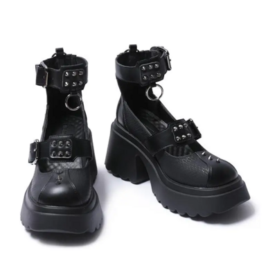 Black rivet metal decor leather high heels shoes