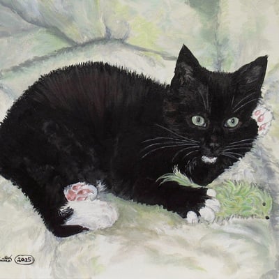 "kitten and a favorite toy" tuxedo cat art, original acrylic painting by n.e.thompson, 11x14 inches