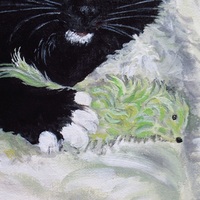 "Kitten And A Favorite Toy" Tuxedo cat art, Original Acrylic Painting By N.E.Thompson, 11x14 Inches - Thumbnail 2