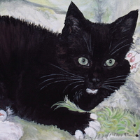 "Kitten And A Favorite Toy" Tuxedo cat art, Original Acrylic Painting By N.E.Thompson, 11x14 Inches - Thumbnail 4