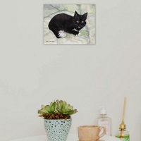"Kitten And A Favorite Toy" Tuxedo cat art, Original Acrylic Painting By N.E.Thompson, 11x14 Inches - Thumbnail 7