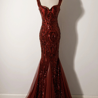 Burgundy Sequins Long Mermaid Prom Party Dress - Thumbnail 1