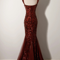 Burgundy Sequins Long Mermaid Prom Party Dress - Thumbnail 2