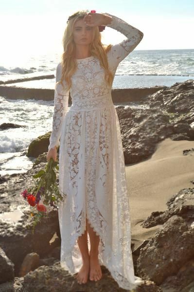 Lace Victorian Hippie Boho Wedding Dress, Beach Wedding Gown Bridal Dress