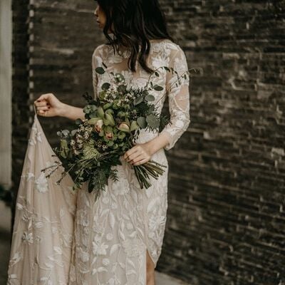 Boho appliques tulle wedding dress, lace wedding gown bridal dress