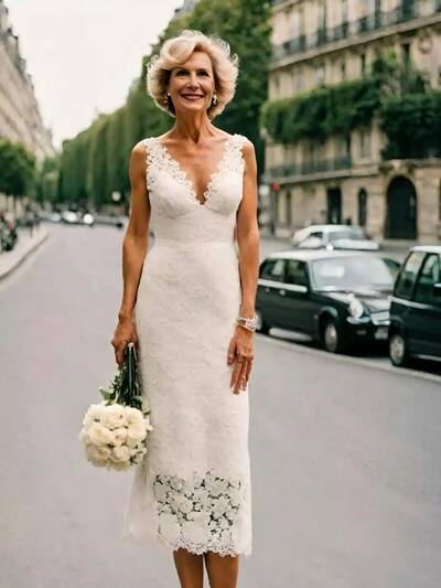 Simple Sheath Lace Tea-length Beach Boho Wedding Dress Bridal Gown Wedding Gown