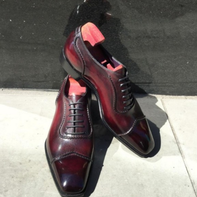 Handmade men burgundy calf leather wingtip dress shoes - Thumbnail 4