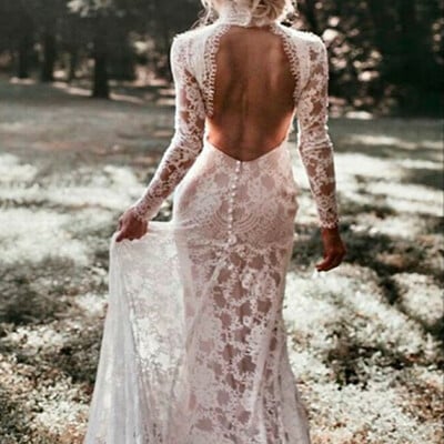Lace backless wedding dress, boho lace wedding gown bridal dress
