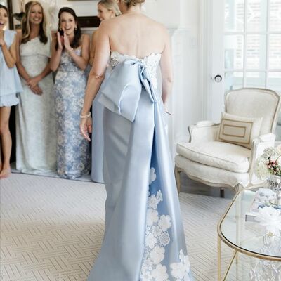 Simple sheath blue and white lace wedding dress bridal gown wedding gown