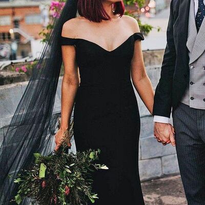 Simple sheath black v neck wedding dress bridal gown wedding gown