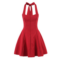 Square neck red sling waist slim retro casual mini skirt dress - Thumbnail 1