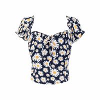 Retro pastoral style printed square neck puff sleeve slim fit top - Thumbnail 2