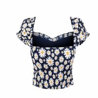 Retro pastoral style printed square neck puff sleeve slim fit top - Thumbnail 3