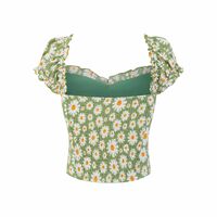 Retro pastoral style printed square neck puff sleeve slim fit top - Thumbnail 3