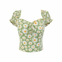 Retro pastoral style printed square neck puff sleeve slim fit top - Thumbnail 2