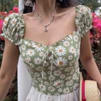 Retro pastoral style printed square neck puff sleeve slim fit top - Thumbnail 1