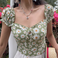 Retro pastoral style printed square neck puff sleeve slim fit top - Thumbnail 4