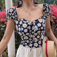 Retro pastoral style printed square neck puff sleeve slim fit top - Thumbnail 1