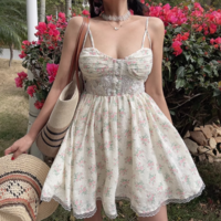 Lace Embroidery Printed Fishbone Waist Suspender Short Dress - Thumbnail 3