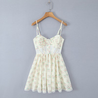 Lace Embroidery Printed Fishbone Waist Suspender Short Dress - Thumbnail 5