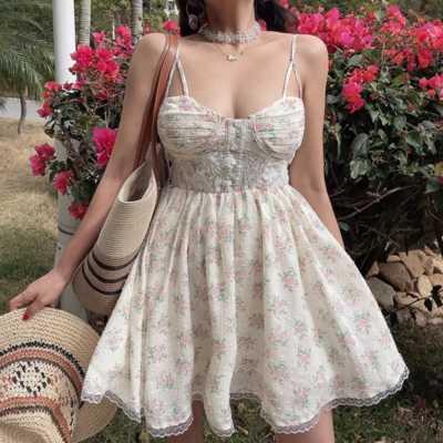 Lace embroidery printed fishbone waist suspender short dress