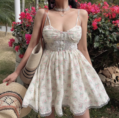Lace Embroidery Printed Fishbone Waist Suspender Short Dress
