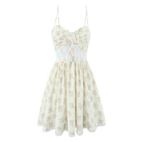 Lace Embroidery Printed Fishbone Waist Suspender Short Dress - Thumbnail 1