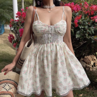 Lace Embroidery Printed Fishbone Waist Suspender Short Dress - Thumbnail 2