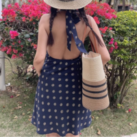 Retro Polka Dot Printed Strapless Neck Hot Girl Sexy Slim Dress - Thumbnail 1