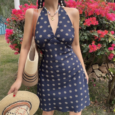 Retro polka dot printed strapless neck hot girl sexy slim dress