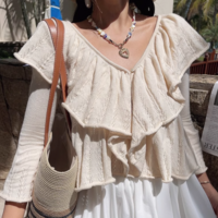 Round neck solid color loose pullover female French V-neck design - Thumbnail 3