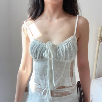 Lace-trimmed cropped top with tie at chest