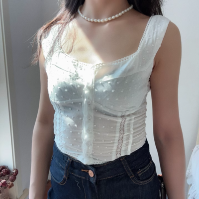 Square neck collarbone exposing single breasted lace herringbone slim fit sleeveless vest