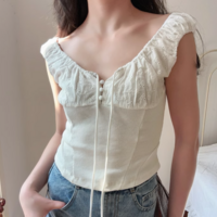 Casual embroidered bow tie stitching slim fit top camisole - Thumbnail 3